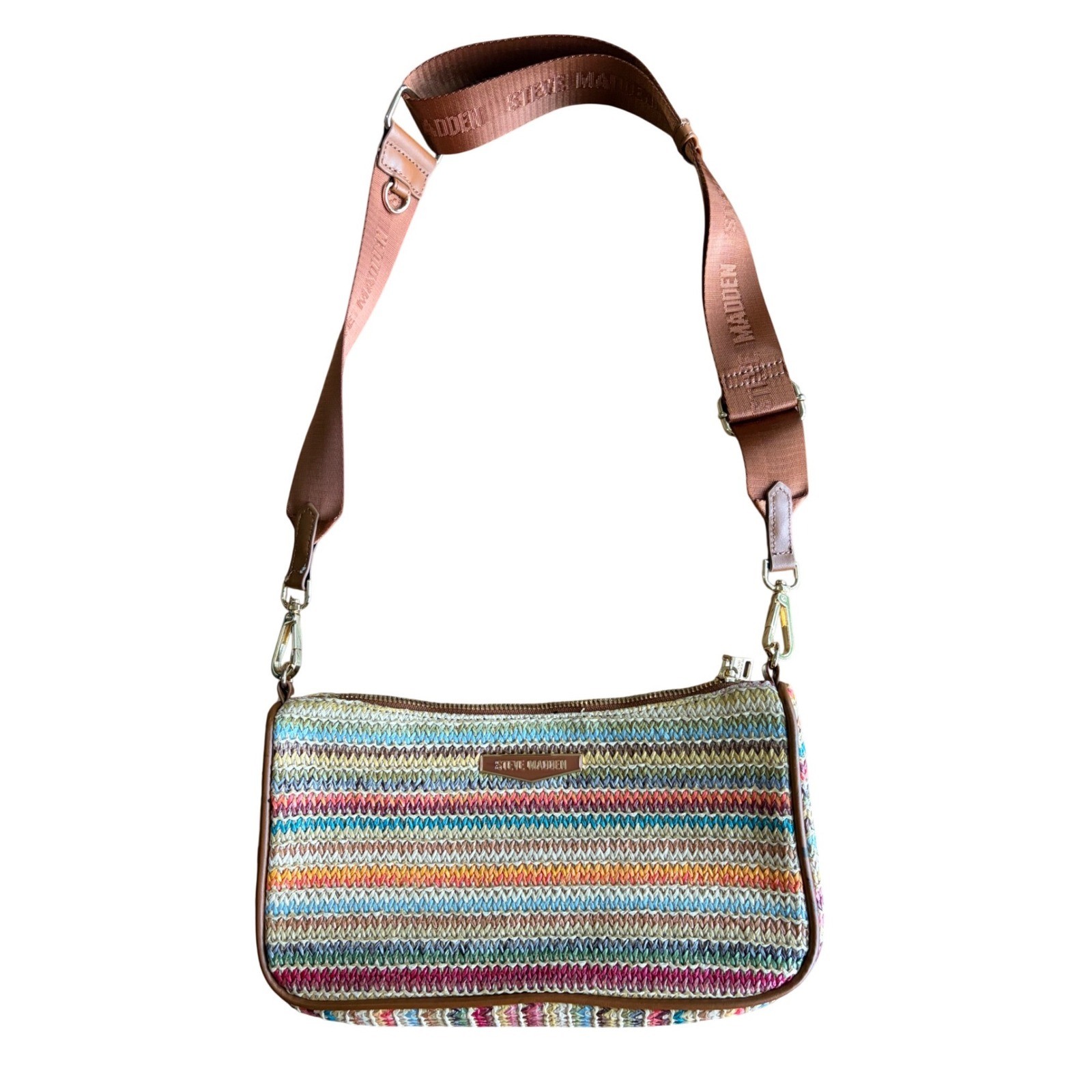 Steve Madden Multi Color Striped Woven Straw Crossbody Bag Brown Logo Strap