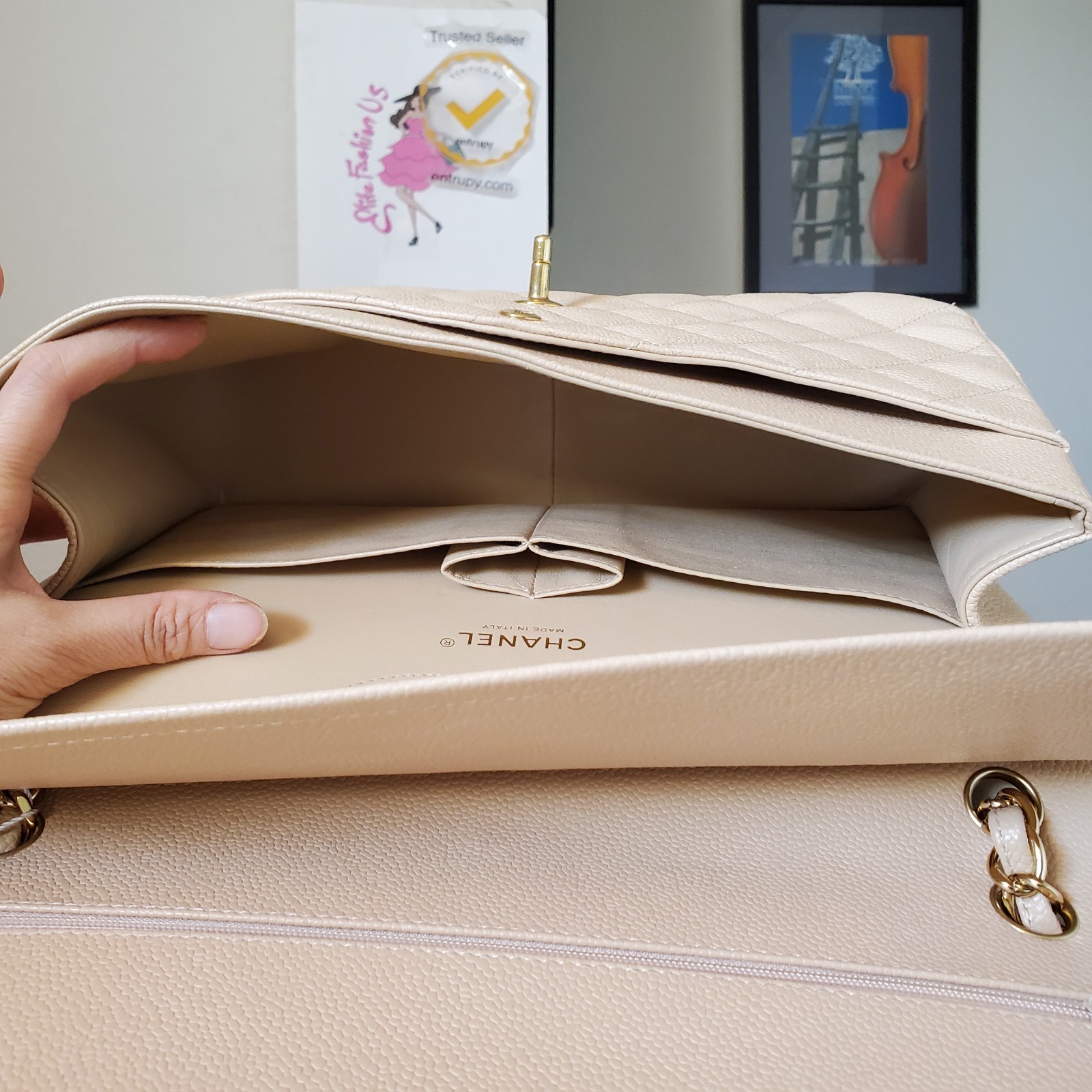 $12,600 CHANEL Classic Beige Ca viar Gold hw Jumbo double Flap Bag Serial 18