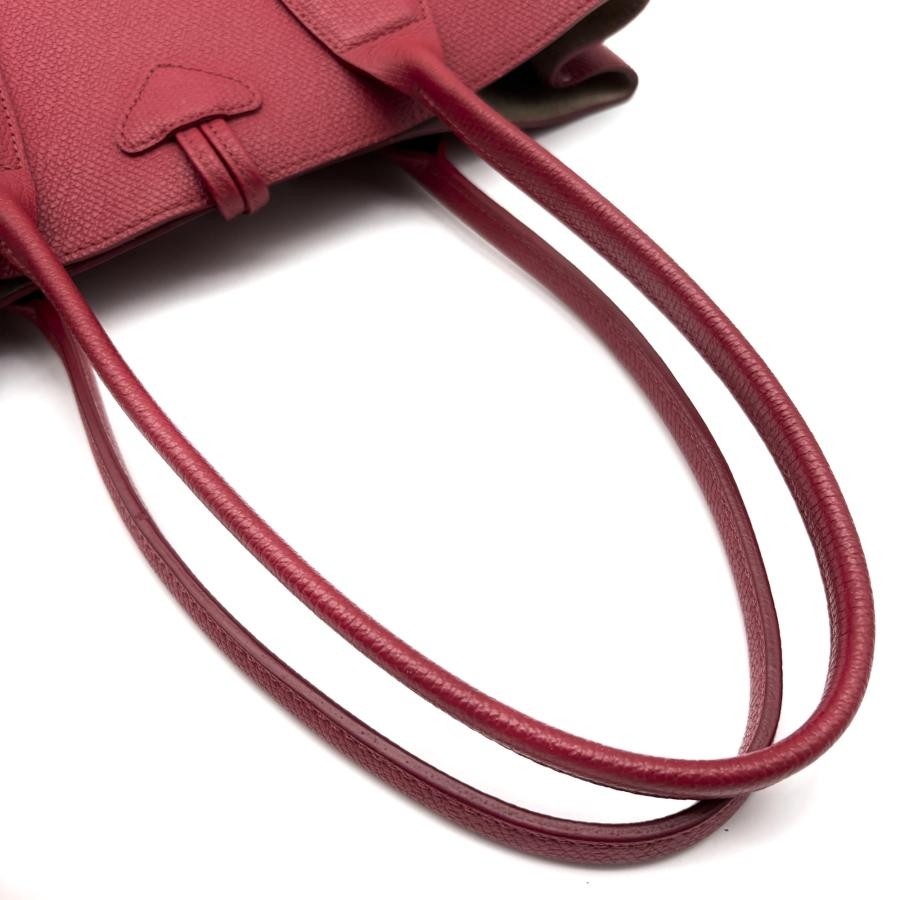 Longchamp Roseau Red Leather Tote Bag A4 Self Standing Silver Toggle Auth