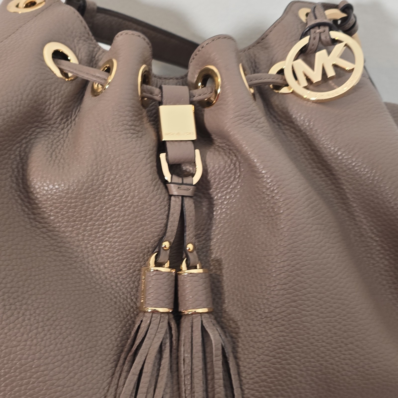 Michael Kors Taupe Shoulder Bag Drawstring Tassel Gold Hardware Women