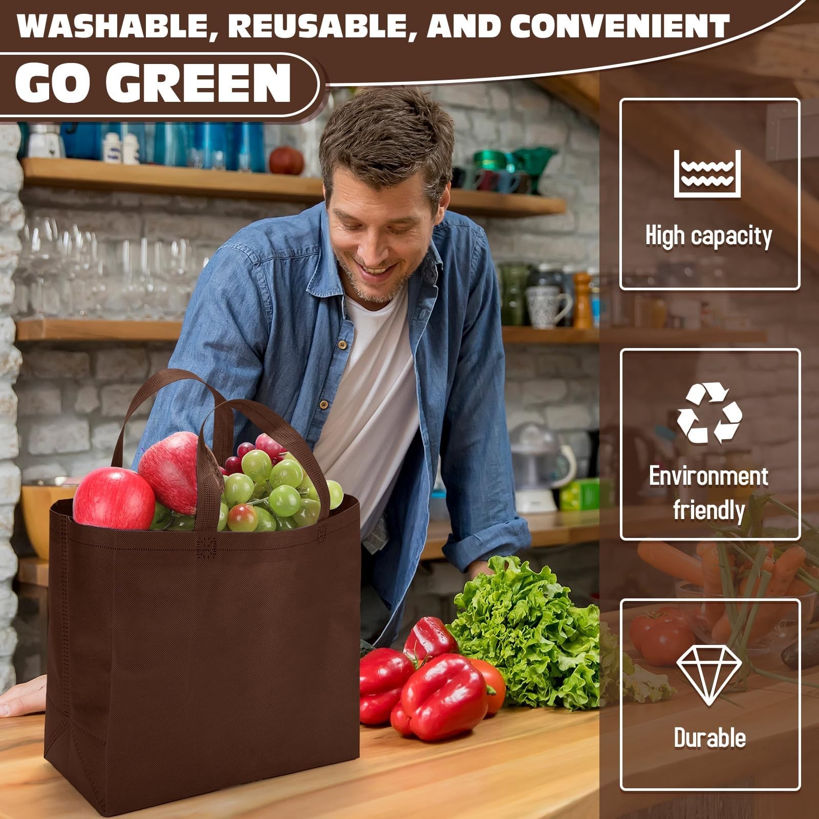 Windyun Reusable Grocery Bags Brown 200 Pcs 12.6 x 11.8 x 6.3 Inch