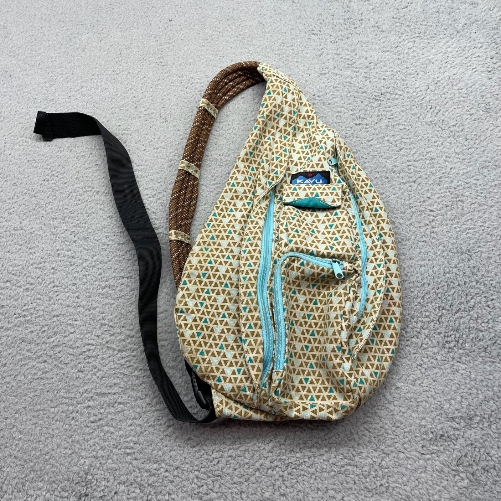 KAVU Rope Bag 6-27-56 Unisex Crossbody Tan Blue Geometric Canvas Sling Backpack