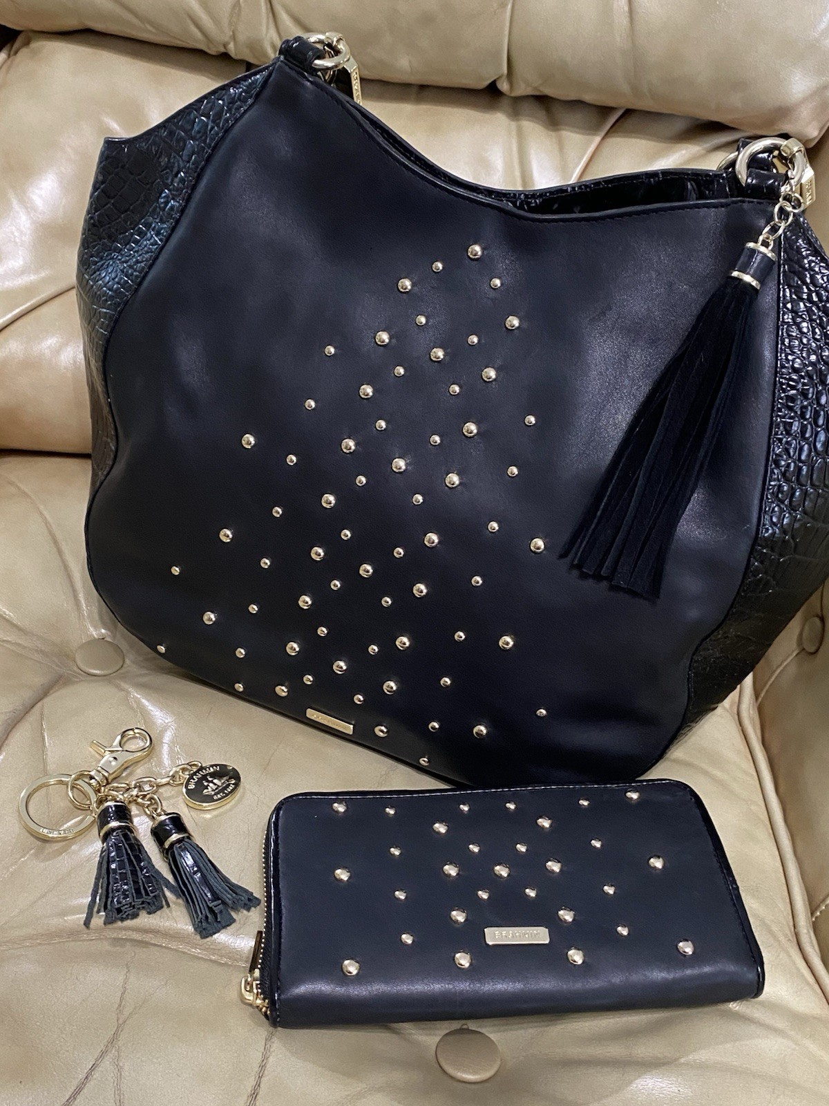 RARE Brahmin Nara Marianna Studded Leather Bag Large Melbourne Tassel Black/Gold