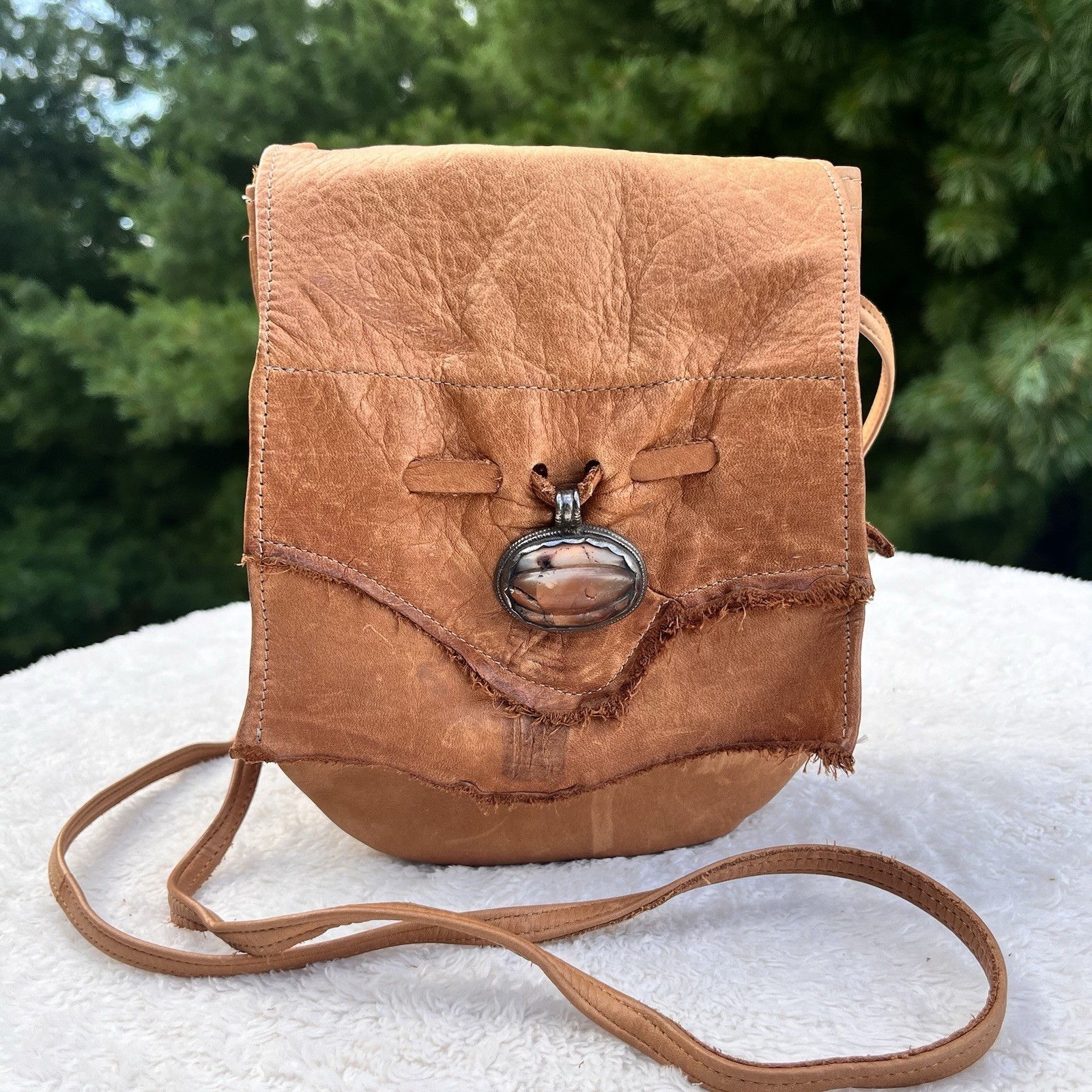Ilze Heider Artisan-made Leather Crossbody Bag Tan Boho Western Flap Front Stone