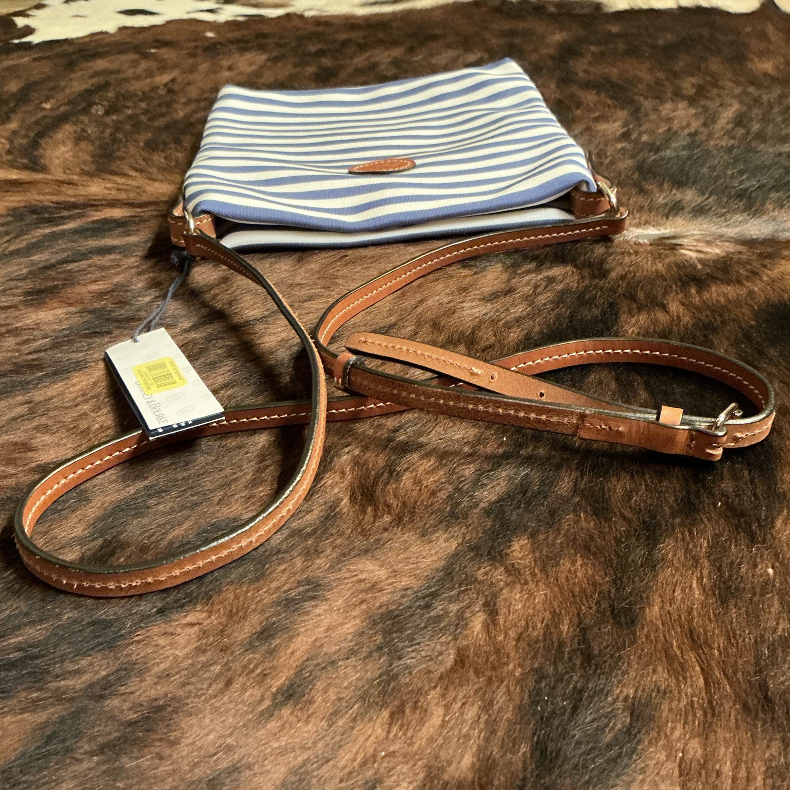 Dooney & Bourke Blue/White Striped Canvas Crossbody Zip Bag Red Lining Gold HW