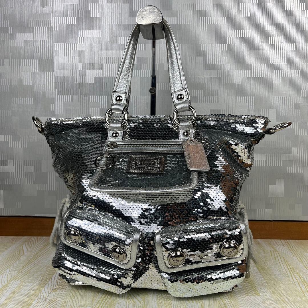 Coach Silver Sequin Poppy 2Way Handbag Metallic Tote Crossbody Authentic