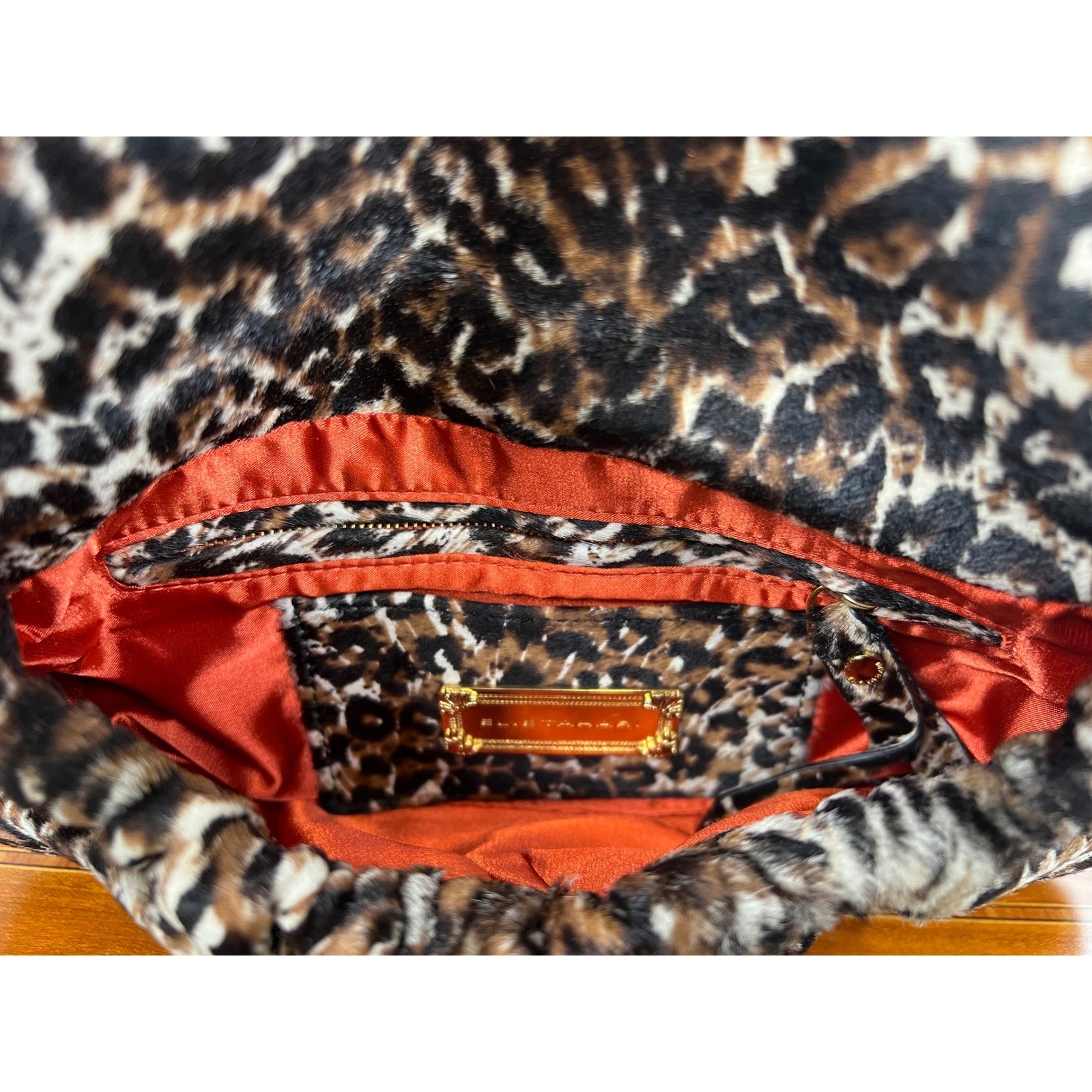 Elie Tahari Leopard Print Calf Hair Oversized Foldover Clutch Bag Brown Orange