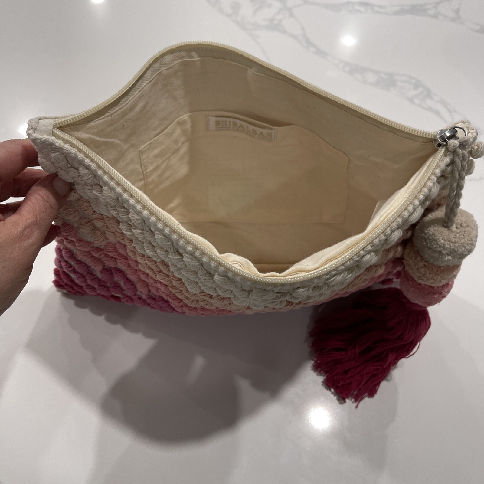 Shiraleah Pouch Cosmetic Bag Clutch Big Tassel Zipper Ombré Woven Cotton Pink