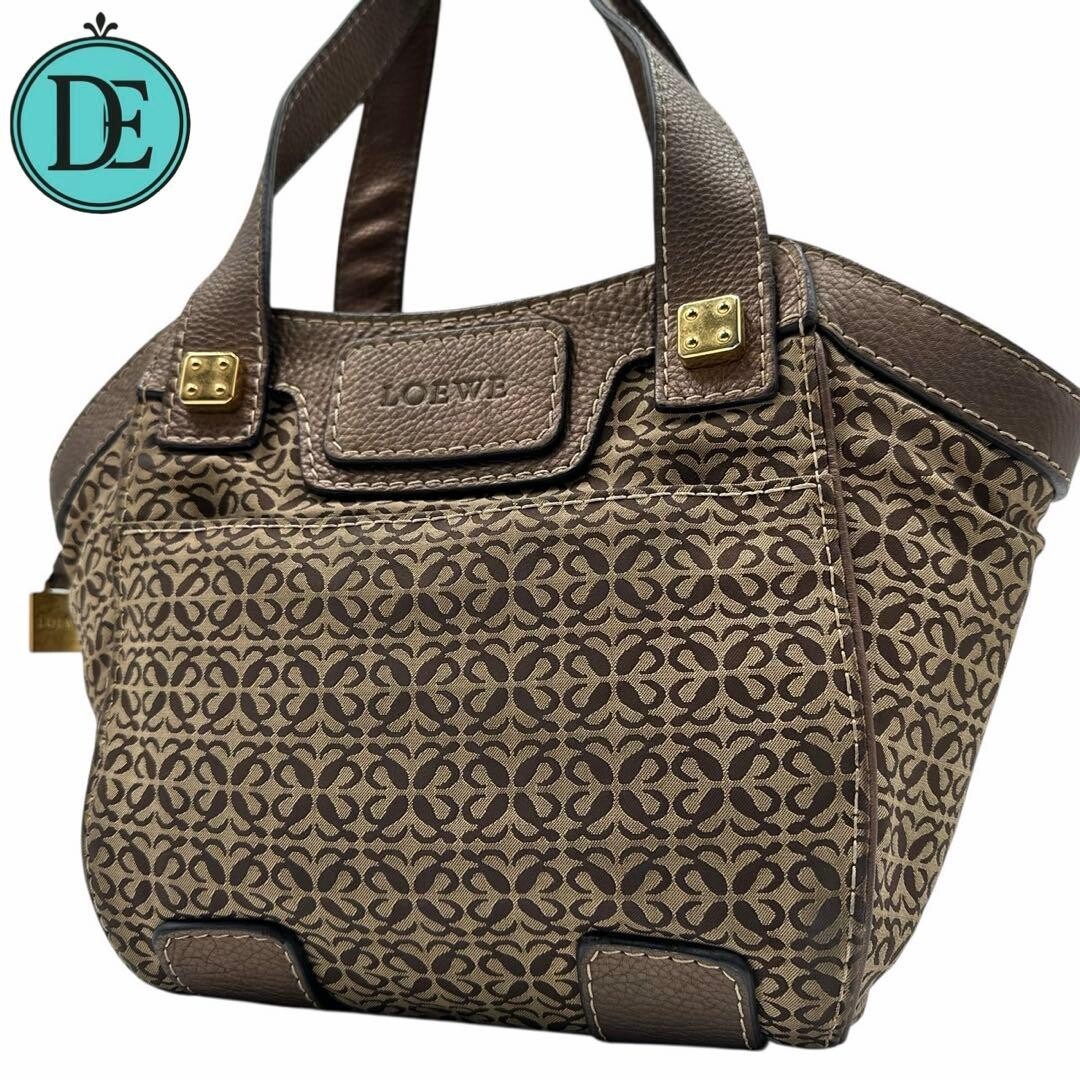 LOEWE Anagram New Road Canvas Leather Handbag Tote Charm Brown Gold 22cm