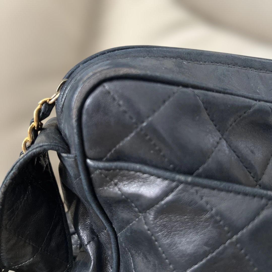 CHANEL Matelasse Lambskin Shoulder Bag Black Gold HW Tassel Chain 8.9×10.6in