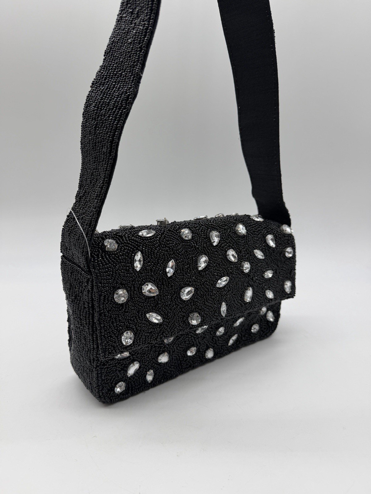 On 34th beaded shoulder bag with crystal embellishments – Black and silver