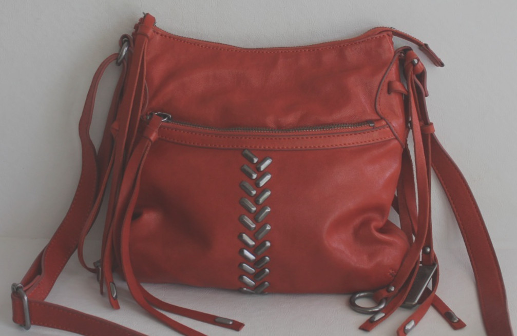 Vtg Y2k Lucky Brand Crossbody Red Leather Bag Herringbone Studs