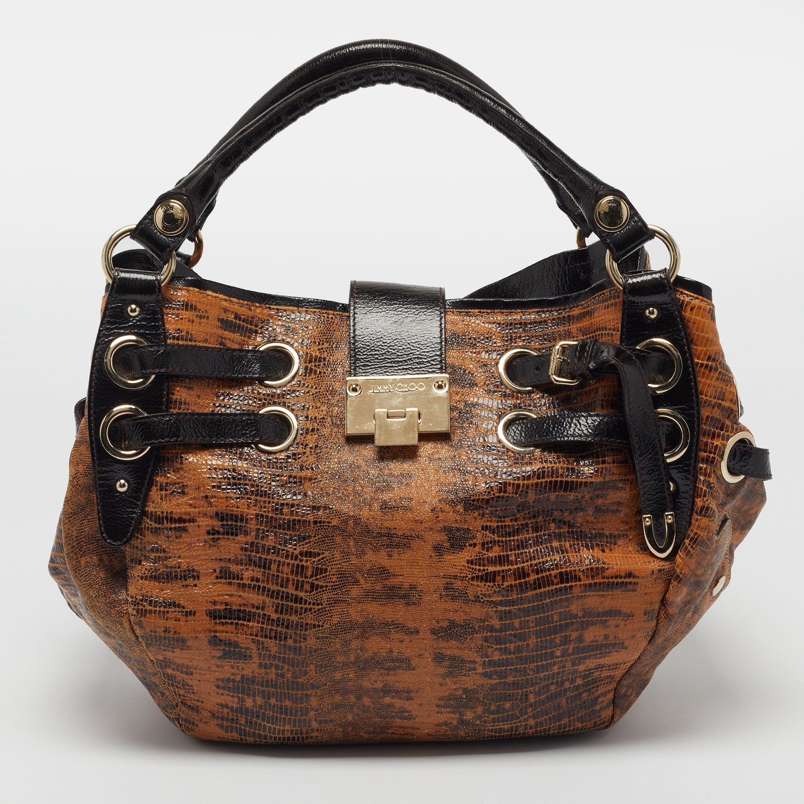 Jimmy Choo Riki BrownBlack Lizard Effect and Patent Leather Leather Hobo