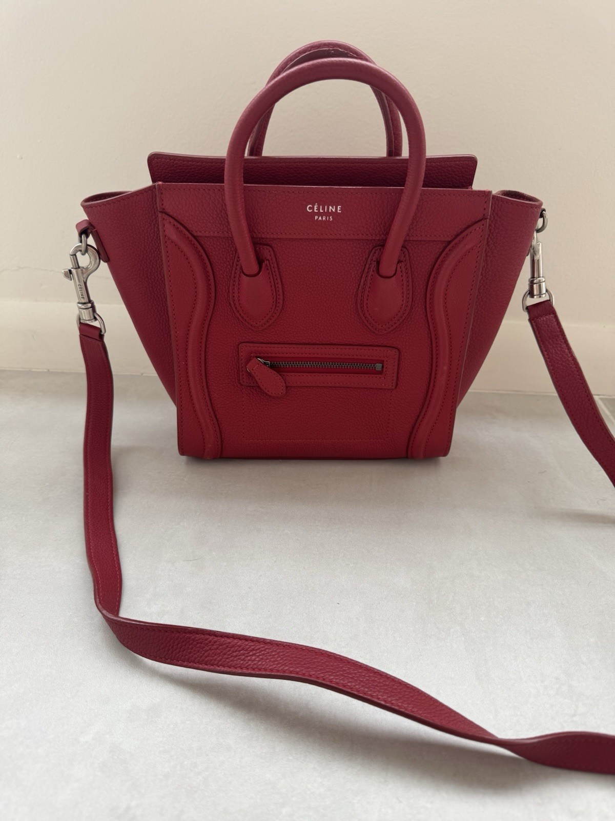Authenic Céline Mini Luggage Tote Bright Red Grained Calfskin