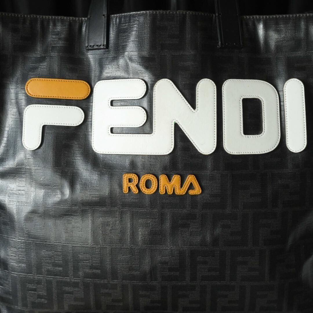 Fendi Fila Mania Zucca Tote Bag Black FF Logo A4 Travel 8BH357 Auth