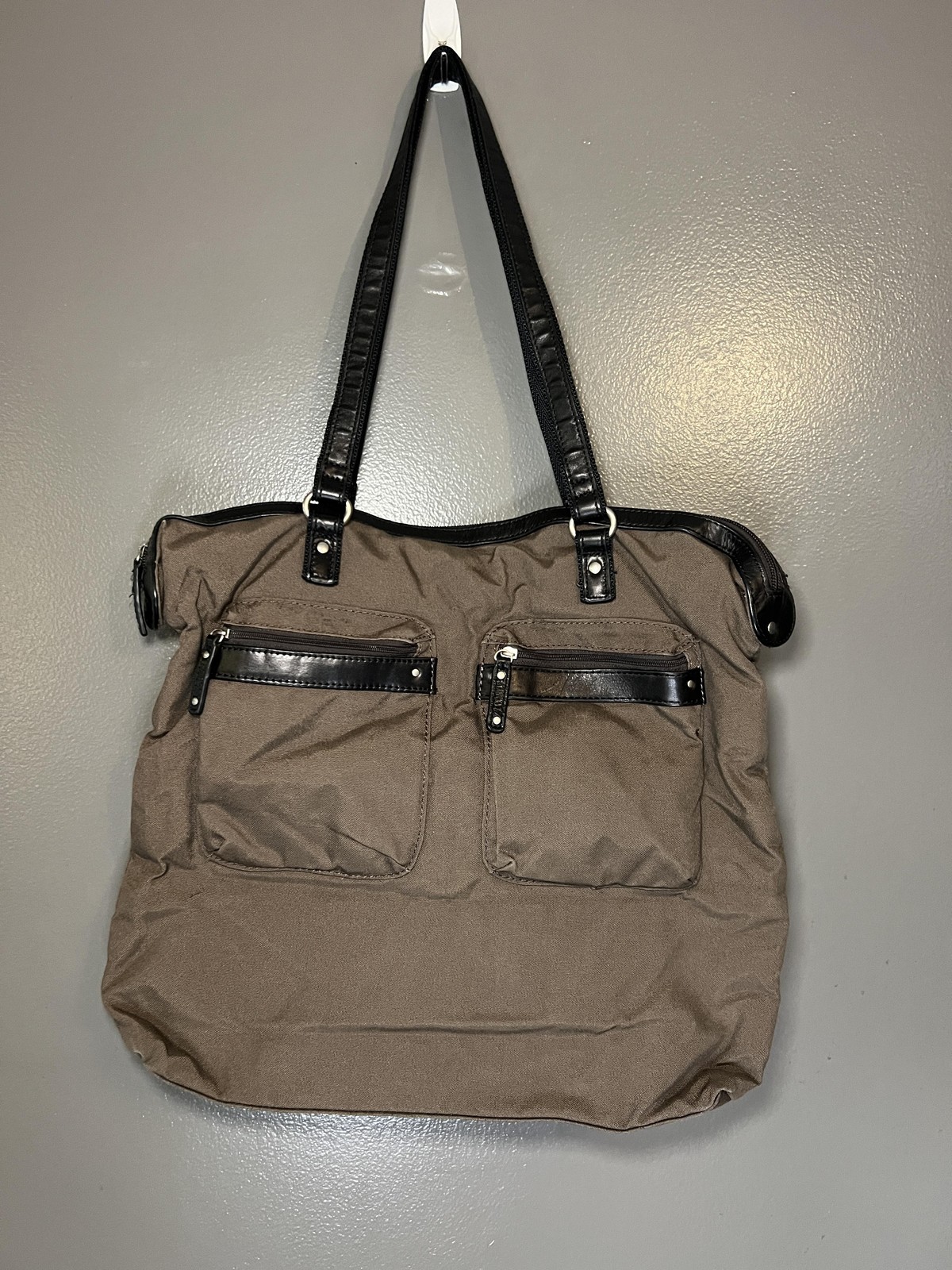 Highway Tote Bag Womens Large Brown Canvas Faux Leather Shoulder Crossbody Zip