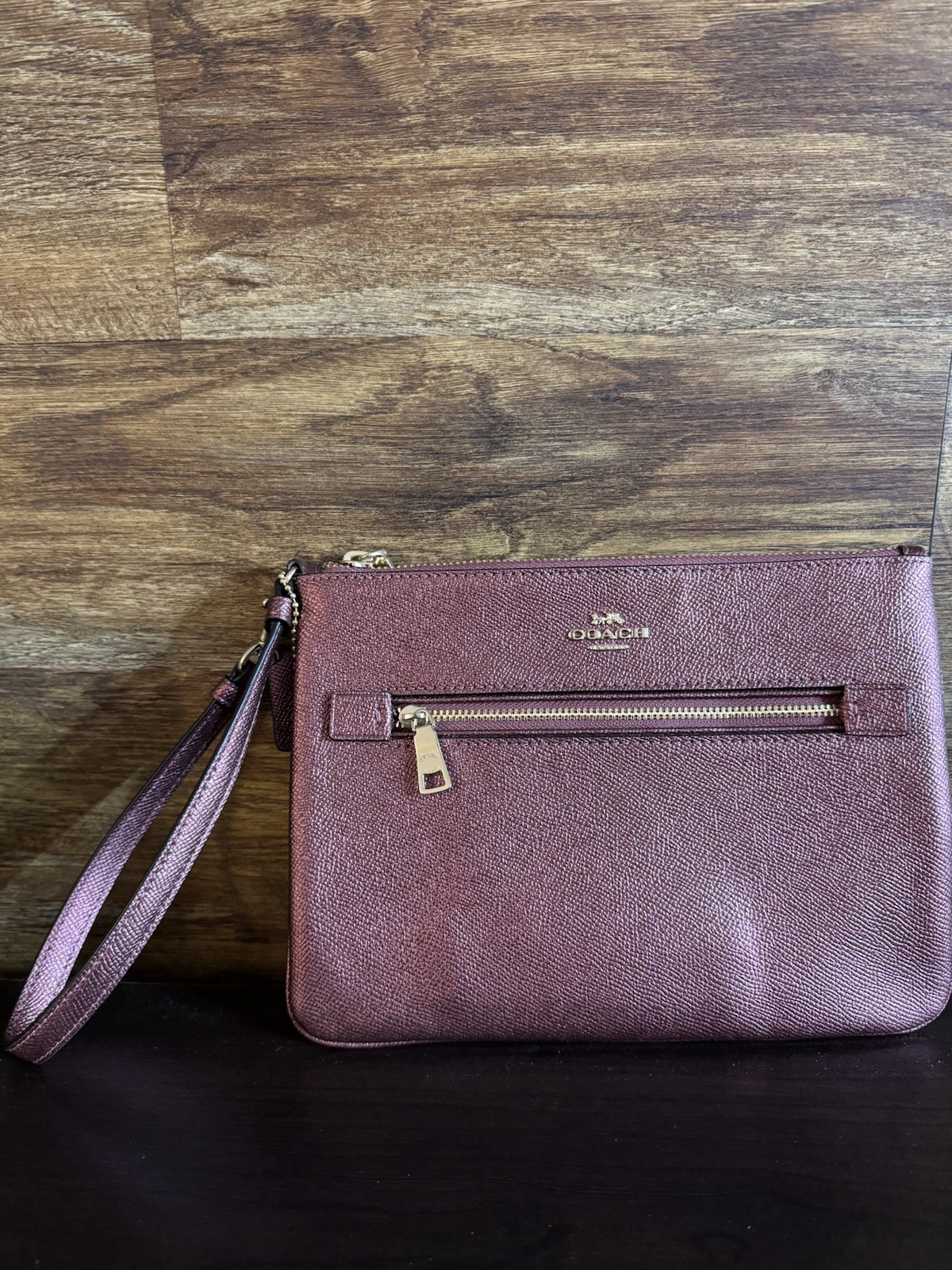 Coach Burgundy Pebbled Wristlet Zip Pouch Gold Hardware 9×6.5 inches