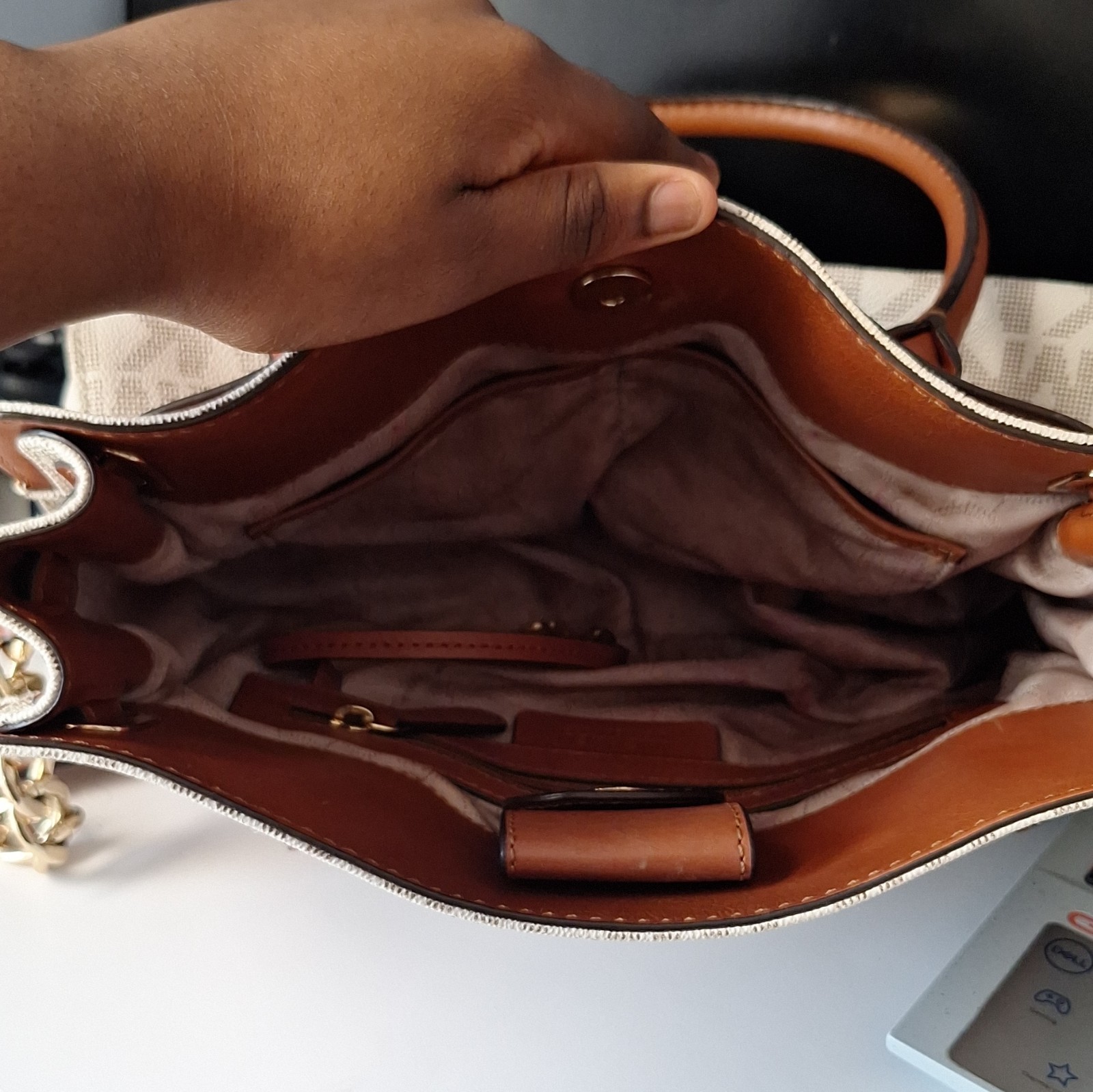 Michael Kors Logo Satchel Top Handle Bag Beige/Brown, Zip Closure, Gold Hardware