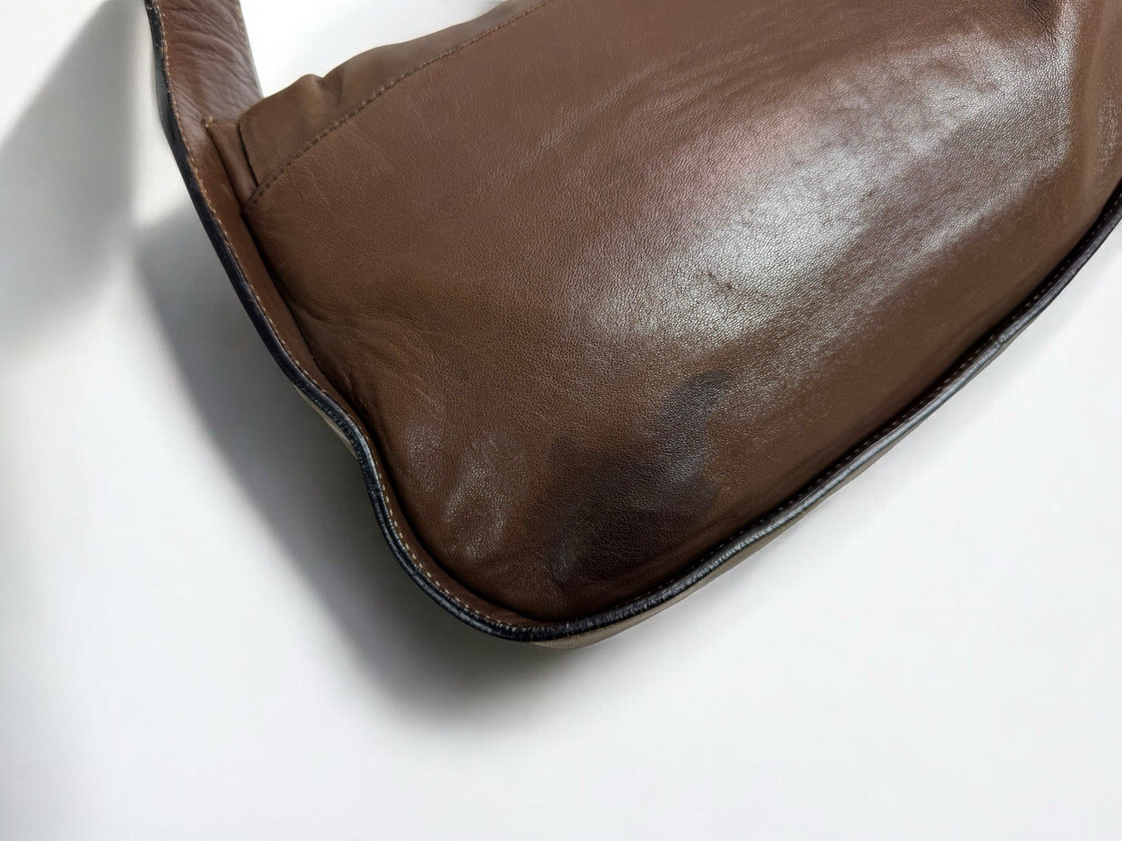 PRADA Brown Nappa Leather Hobo Shoulder Bag Silver Ring Auth Vintage Italy