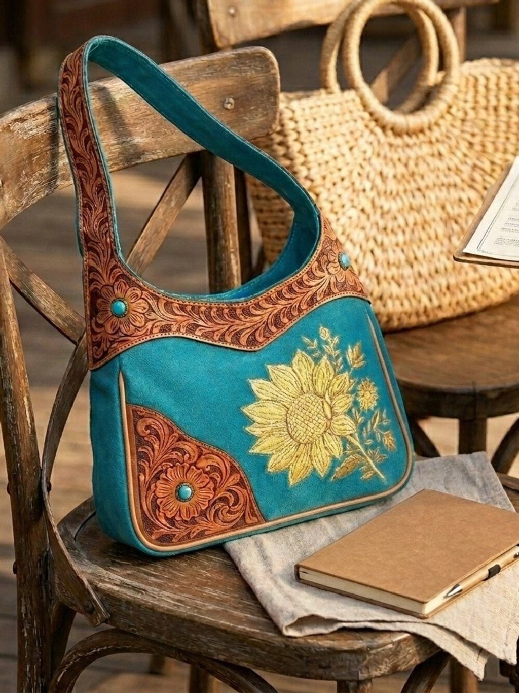 Turquoise Sunrise Sunflower Boho Shoulder Bag