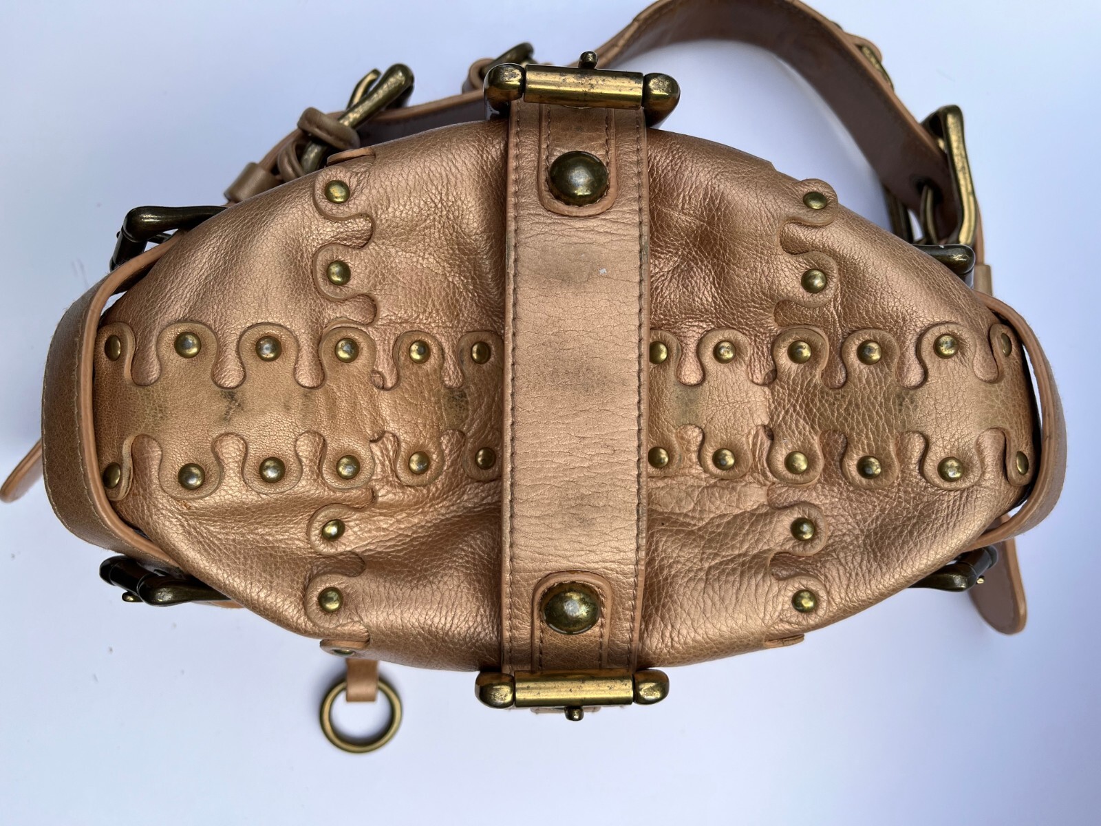 Isabella Fiore Metallic Leather Studded Buckles Jane Hobo Shoulder Bag