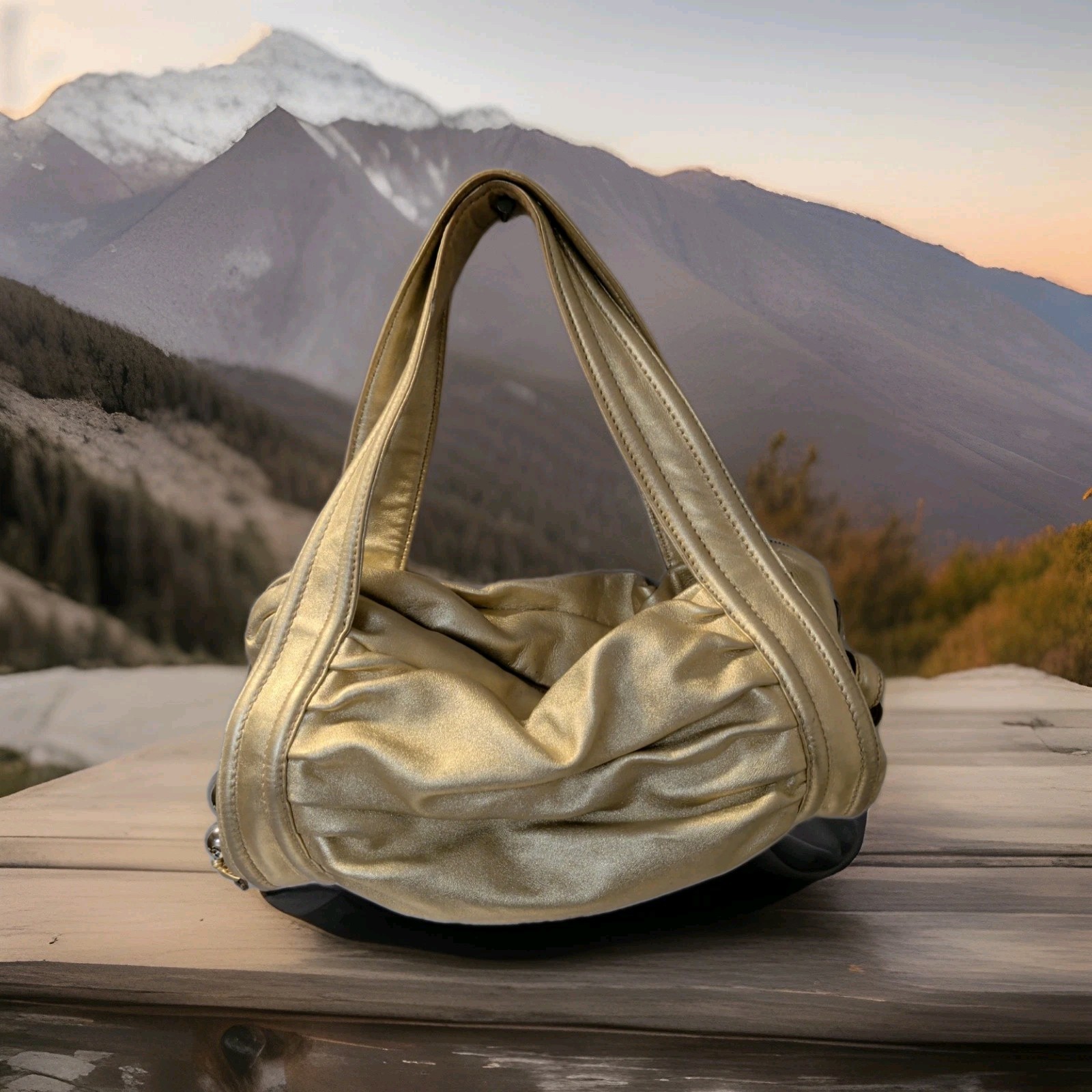 Metallic Gold Sergio Rossi Italian Leather Shoulder Bag