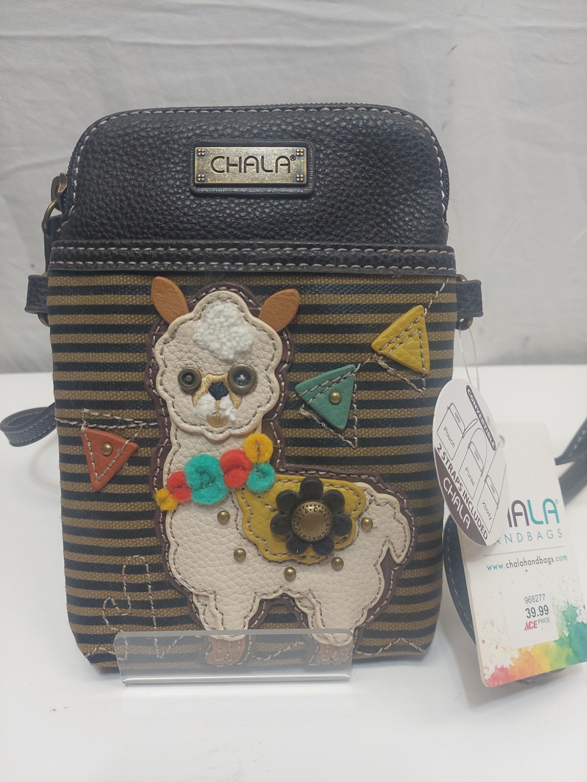 Chala Cell Phone Purse Crossbody Pleather Convertible LLAMA Olive Stripes Warn