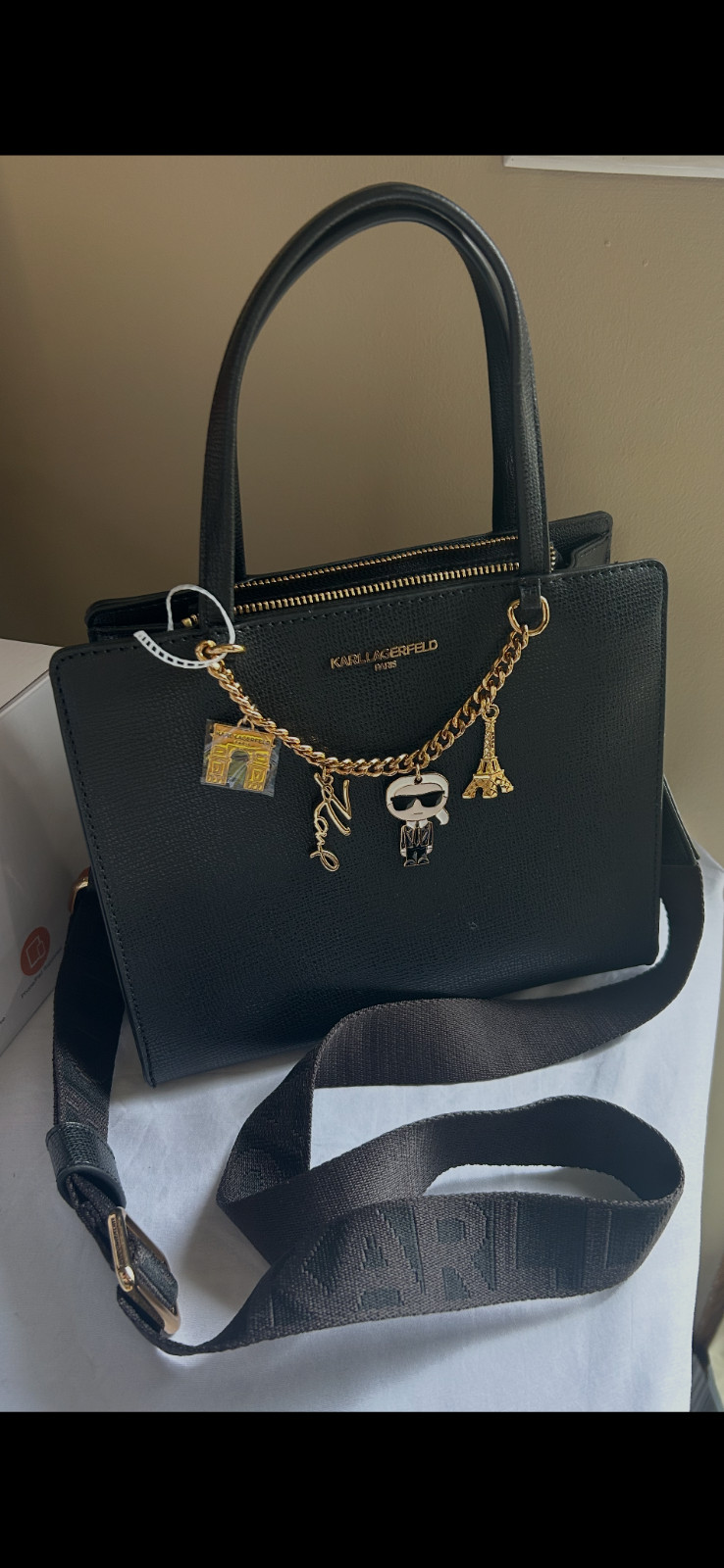 NWT KARL LAGERFELD black Maybelle crossbody Satchel Bag Chain & Golden charms