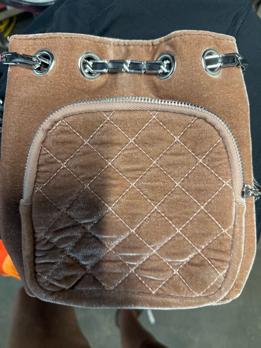 Free People Quilted Velvet Mini Backpack in Blush/Mauve with Chain Detail