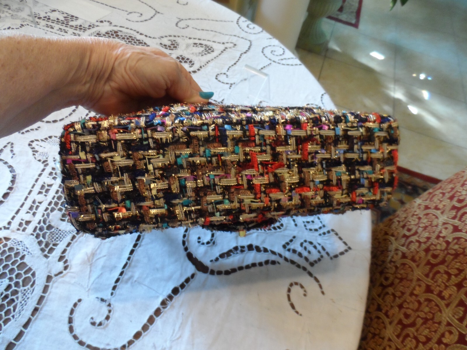 New Un-Branded Black/Red Multi Color Tweed Shoulder Bag w/Front Embellish Medium