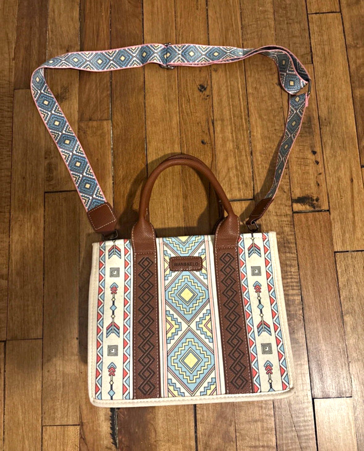 WAN & KELO Geometric Aztec Satchel Top Handle Zip Bag w/ Detachable Strap