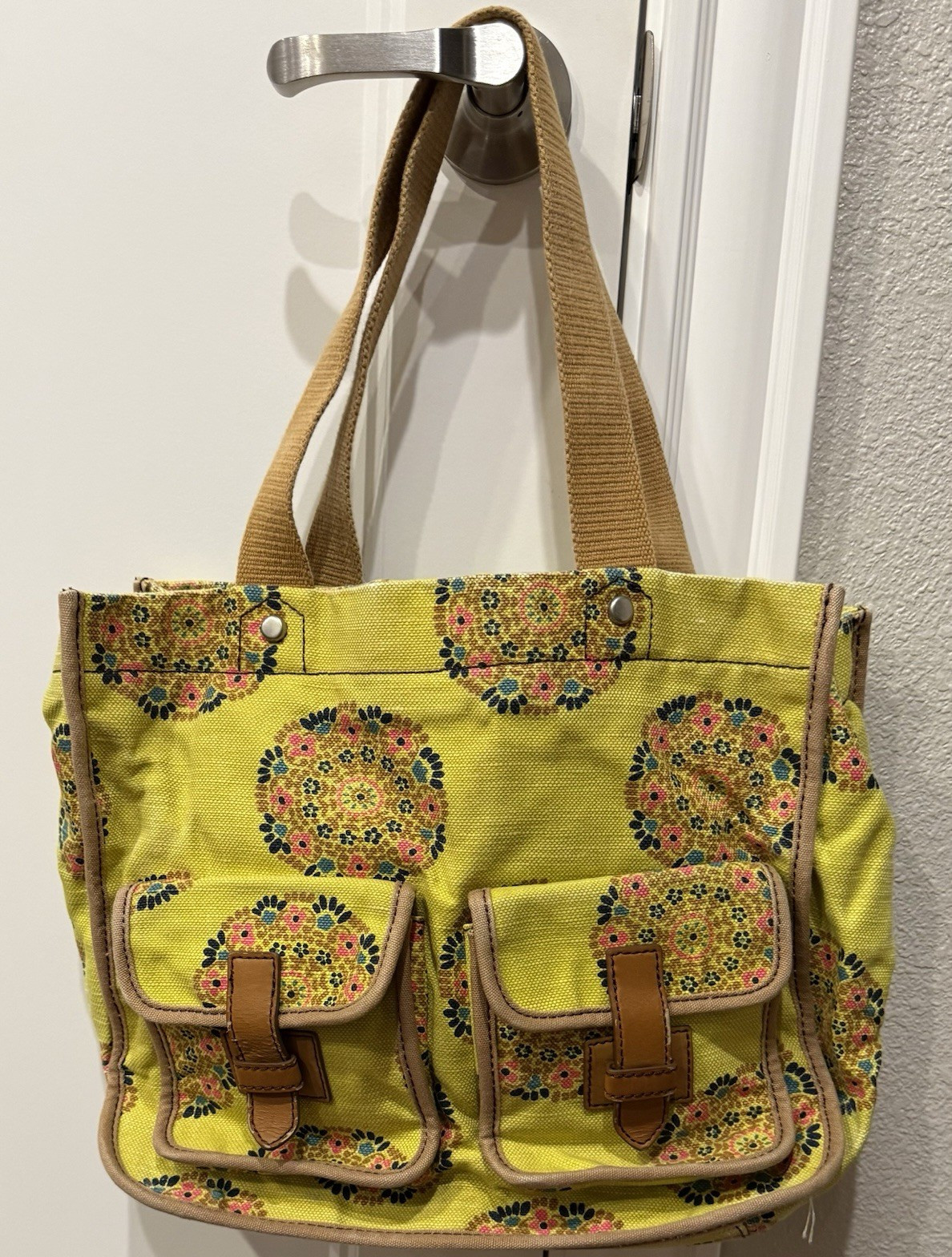 Fossil Yellow Floral Tote Bag Double Handles Snap Zip Top Inner Pockets Lined