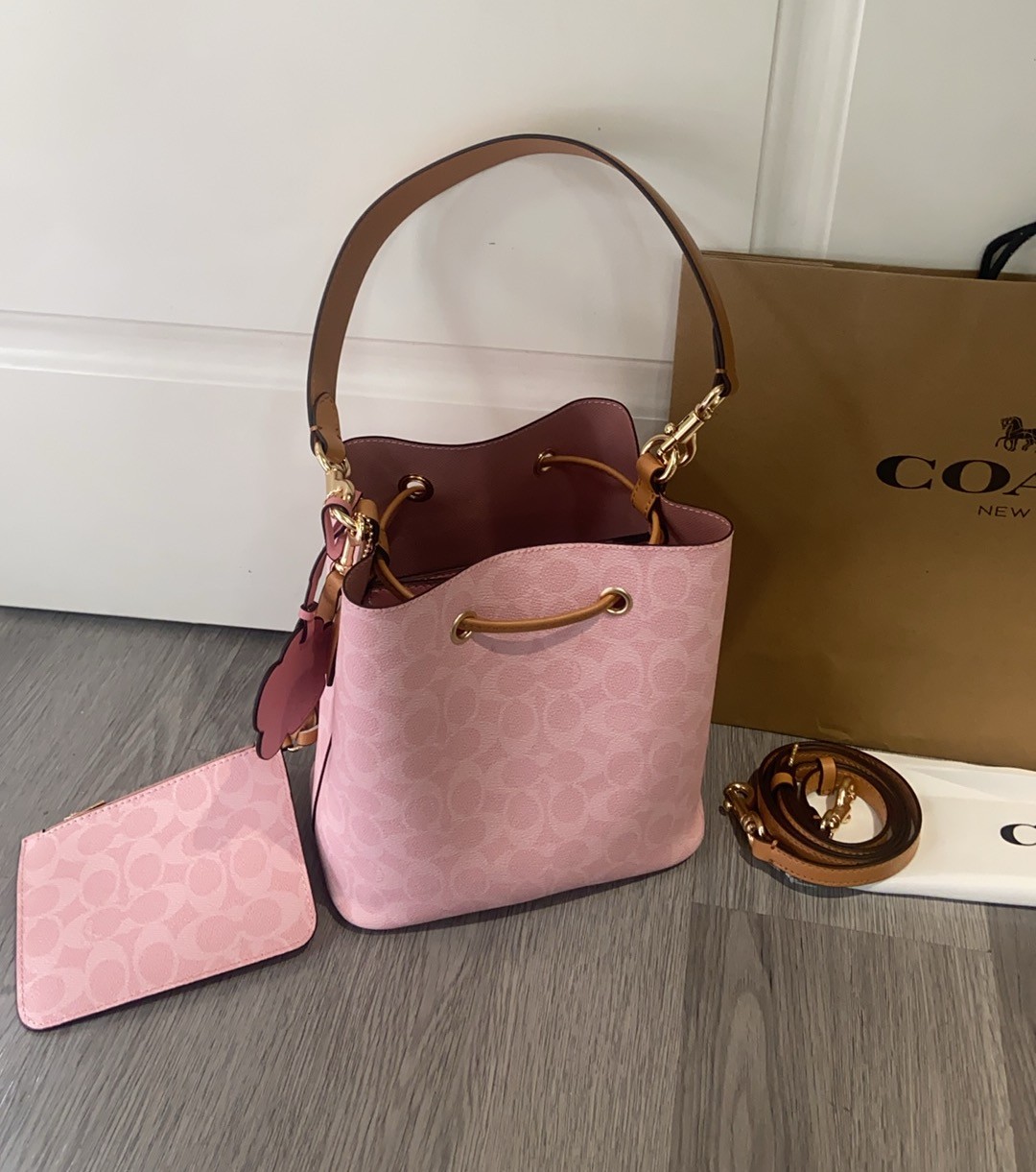 Coach Rowan Bucket Bag CEA23 Signature Powder Pink Charms Crossbody Outlet New