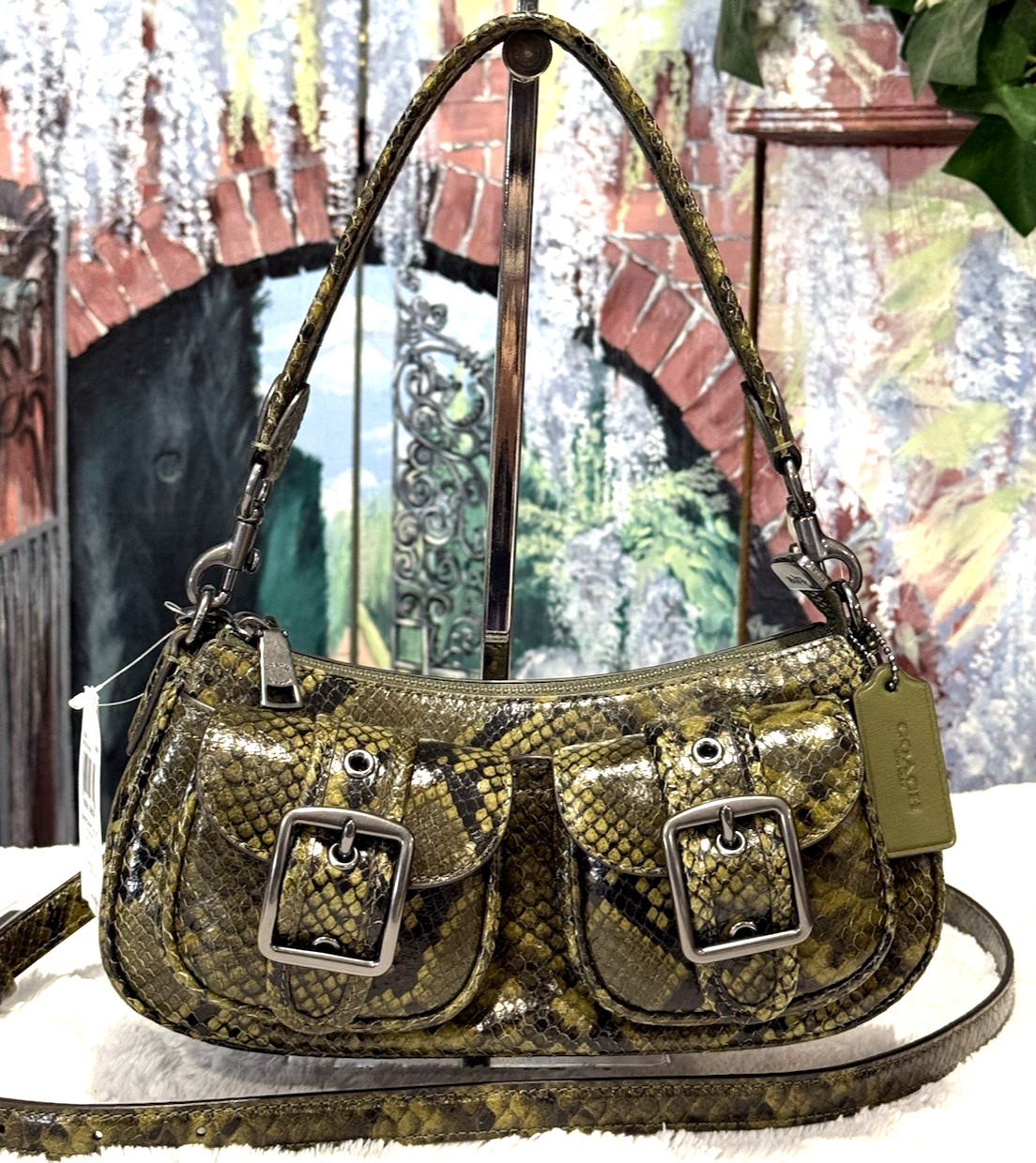 NWT Coach Ashton Snake Print Leather Shoulder Crossbody Bag CCE38 In OLIVE Multi