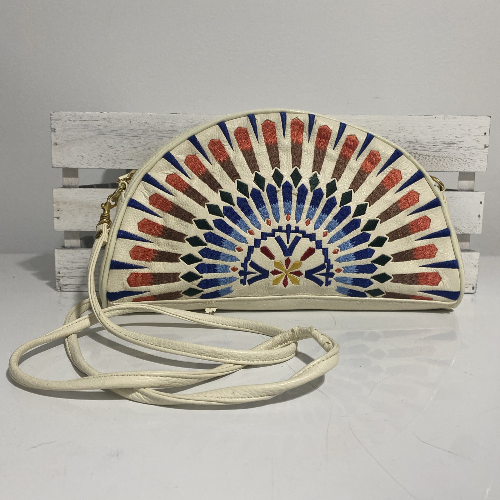 SHARIF LEATHER IVORY EMBROIDERED HALF MOON PURSE – SEE PHOTOS