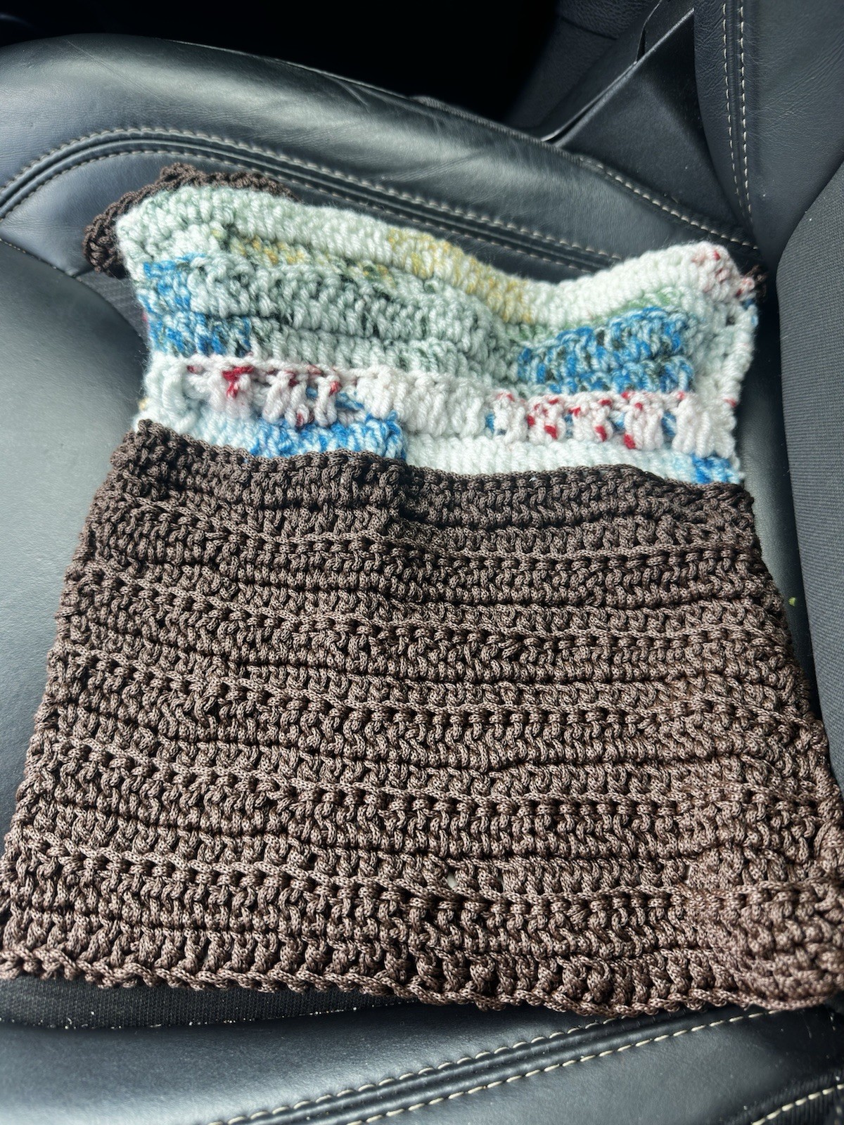 Handmade Crocheted Drawstring Shoulder Bag, Brown/White/Blue, Medium Boho