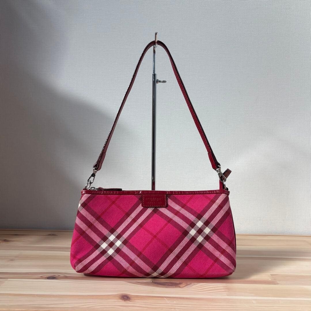 BURBERRY Blue Label Pink Nova Check Canvas Pouch Bag Handbag Auth