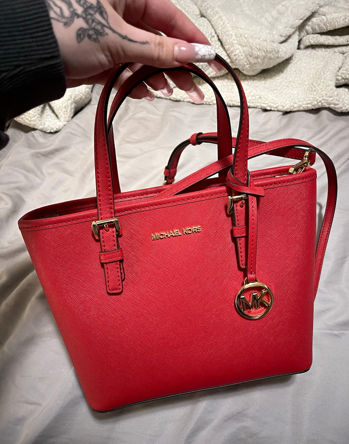 Michael Kors Red Small Satchel Zip w Detachable Crossbody Strap MK Charm
