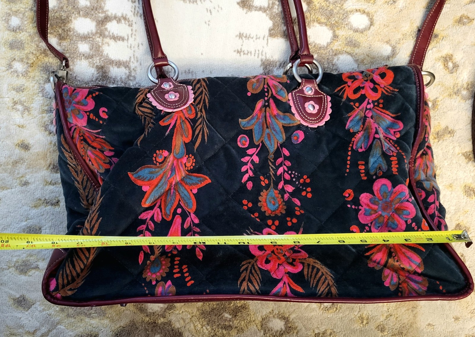 Authentic Vintage Oilily Bag Velour with Burgundy Leather Handles/ Base Interior