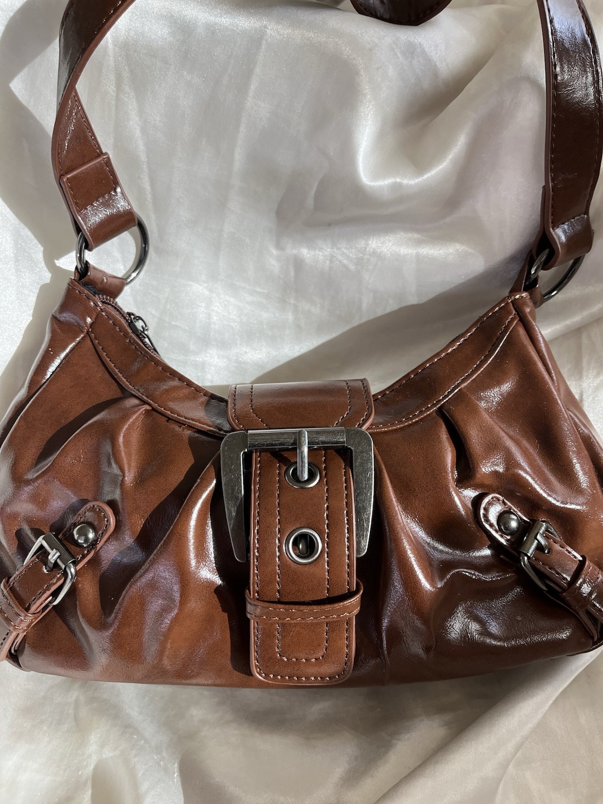 brown Faux Leather Front Buckle Shoulder Bag y2k