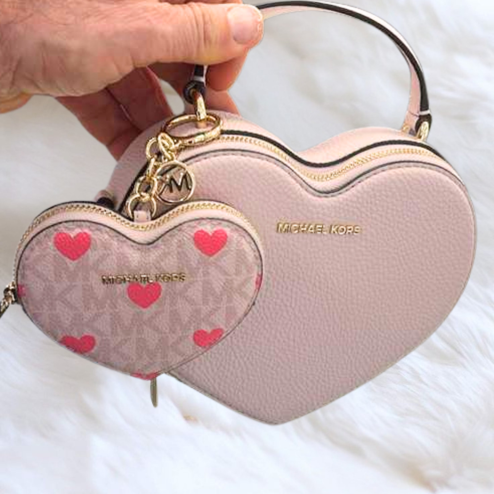 Michael Kors MK Women Small Heart Crossbody Bag Purse + Coin Purse Ring Fob Pink