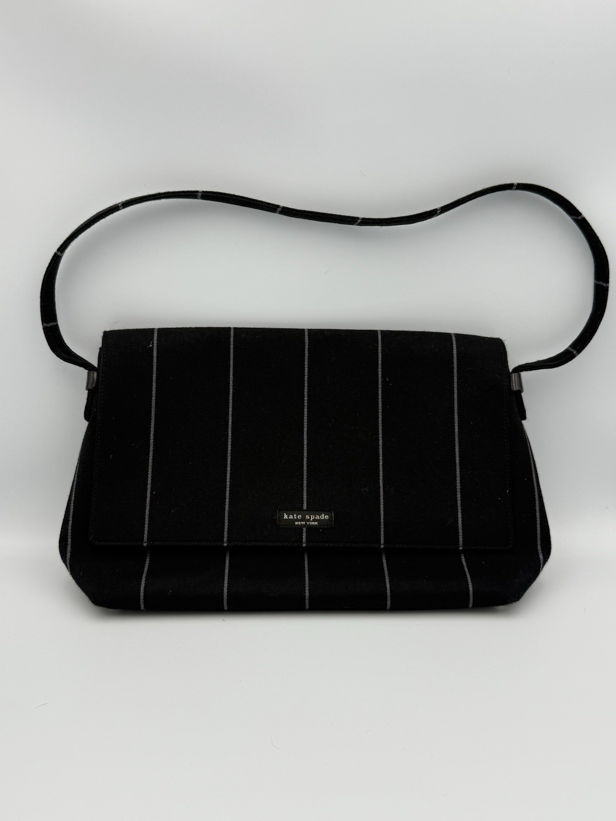 KATE SPADE Black and Gray Wool Fabric Pinstripe Purse Handbag Magnetic Close EUC