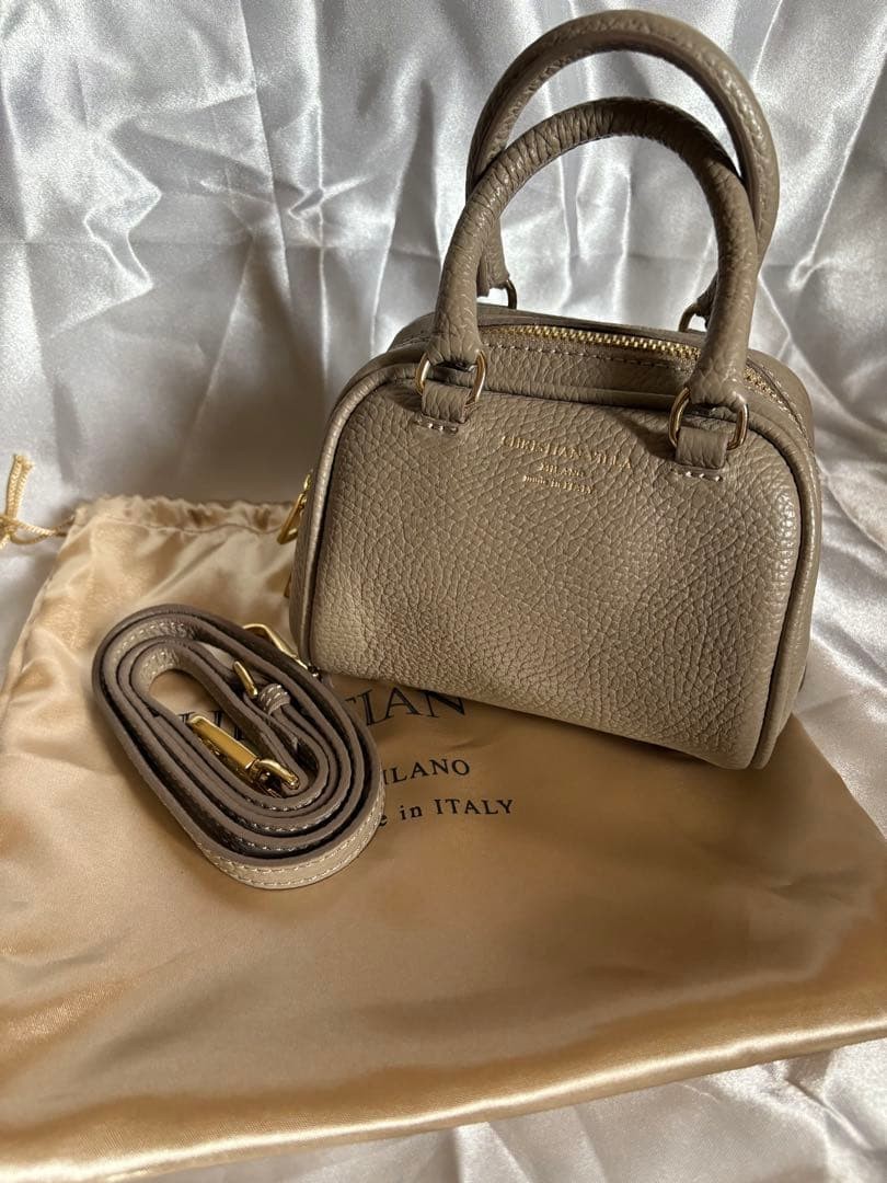 Christian Villa Mini Boston Bag Beige Shiny Grain Leather Pre-owned