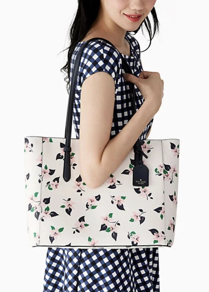 Kate Spade Schuyler Medium Leather Tote Bag Cream Multi Lily Blooms Floral Bag.