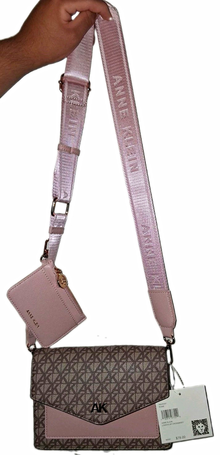 Anne Klein Logo Flap Crossbody Bag Brown/Pink Detachable Strap Coin Purse