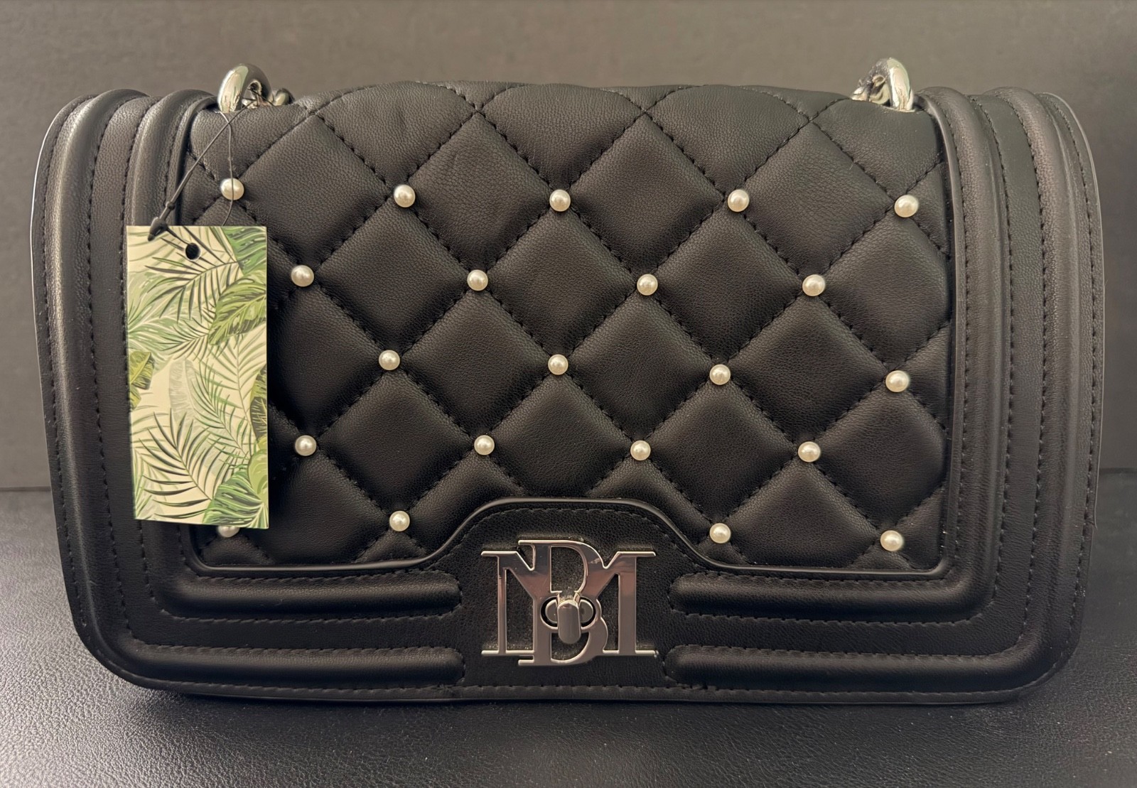 BADGLEY MISCHKA Pearl Studded Chain Strap Quilted Crossbody Bag Black
