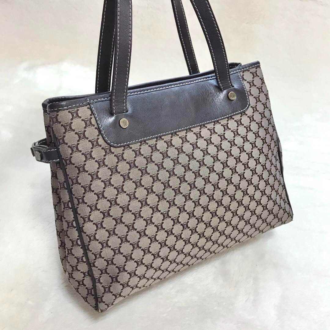 CELINE Tote Bag Hand Bag Canvas Leather Triomphe Macadam Beige Brown Authentic