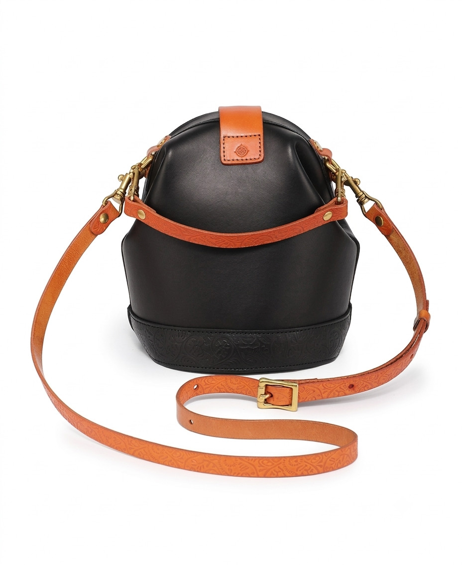 OLD TREND Round Crossbody Bag Black Matte Gold Hardware Buckle Detachable Strap