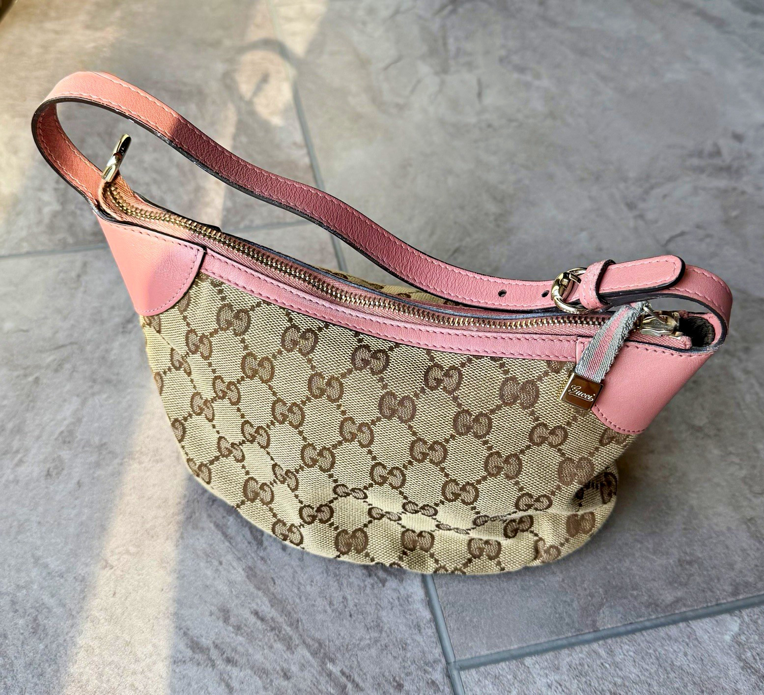 Gucci GG Monogram Beige Pink Shoulder Bag Zip Closure Gold Hardware Pink Strap