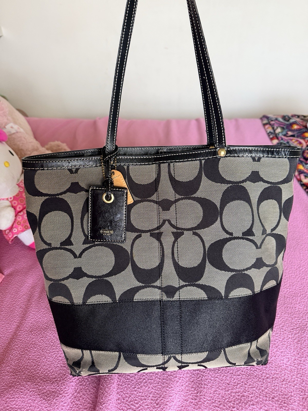 COACH SIGNATURE STRIPE BLACK & GRAY MONOGRAM JACQUARD TOTE BAG